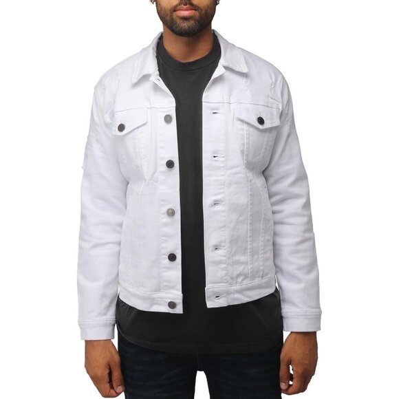 Other - Mens White Denim Jacket Washed Ripped Distressed Stretch Casual Trucker